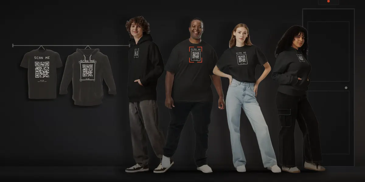 Four people stand in a row beside a front door, in black Wornlink tees and hoodies with a QR code on the chest; one code is marked with a red scan frame. A spare tee and hoodie hang on a rail on the wall. A composite of model photos and 3D renders.