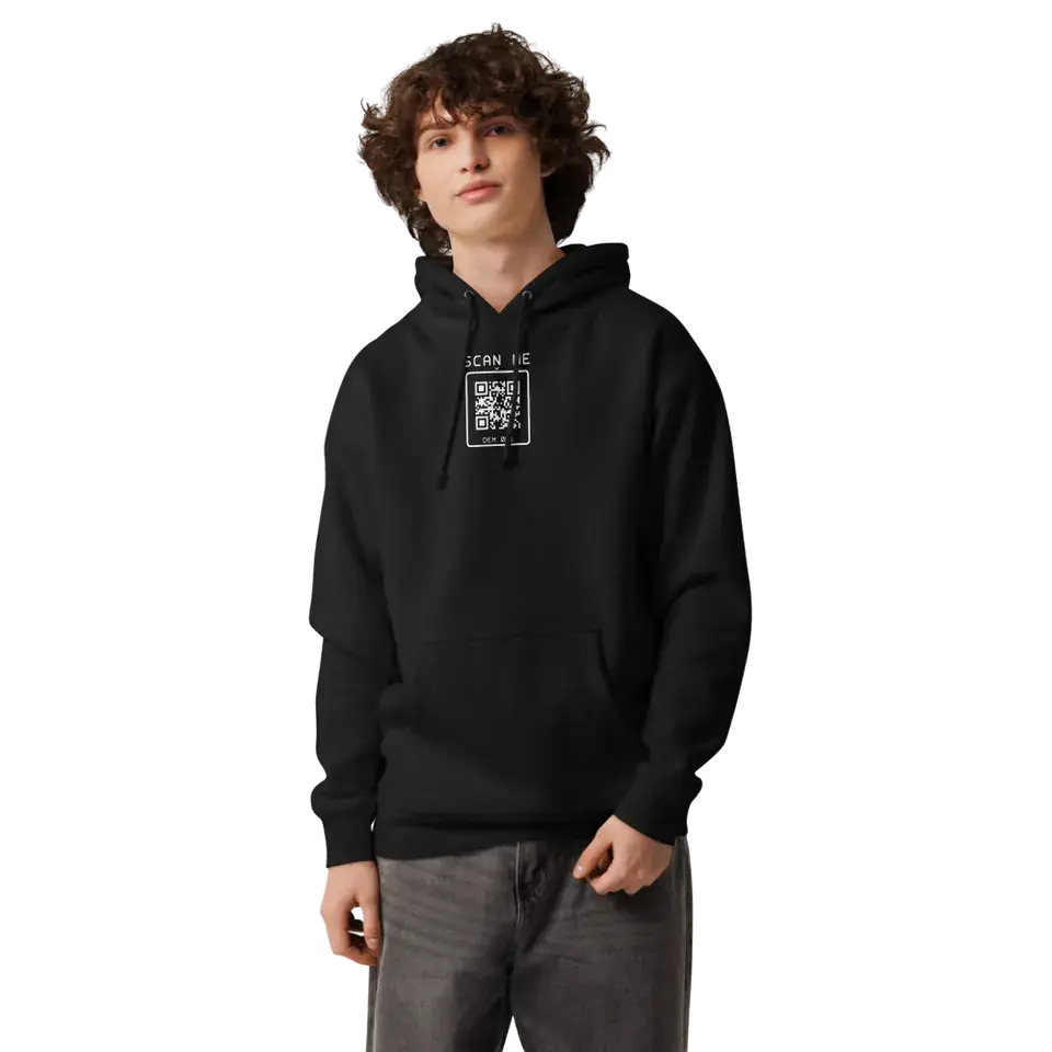 A man wearing the Black Heavyweight Hoodie, front view. Our print partner’s mockup with our print file.