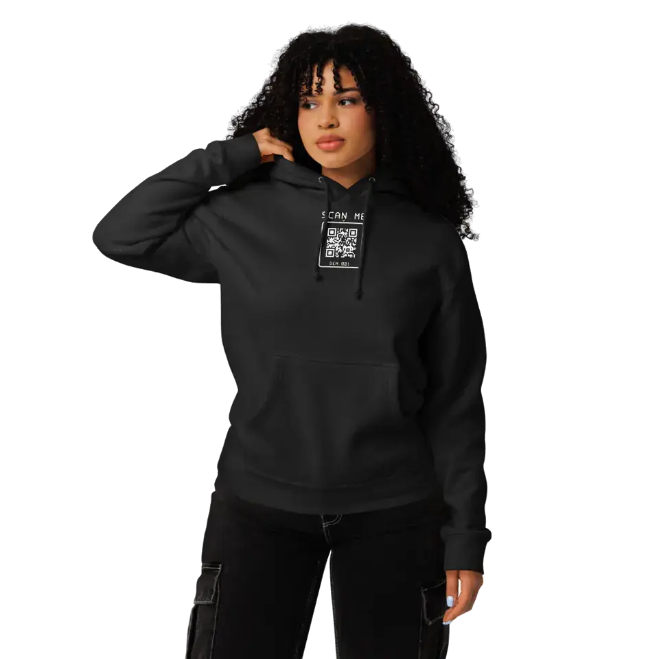 A woman wearing the Black Heavyweight Hoodie, front view. Our print partner’s mockup with our print file.