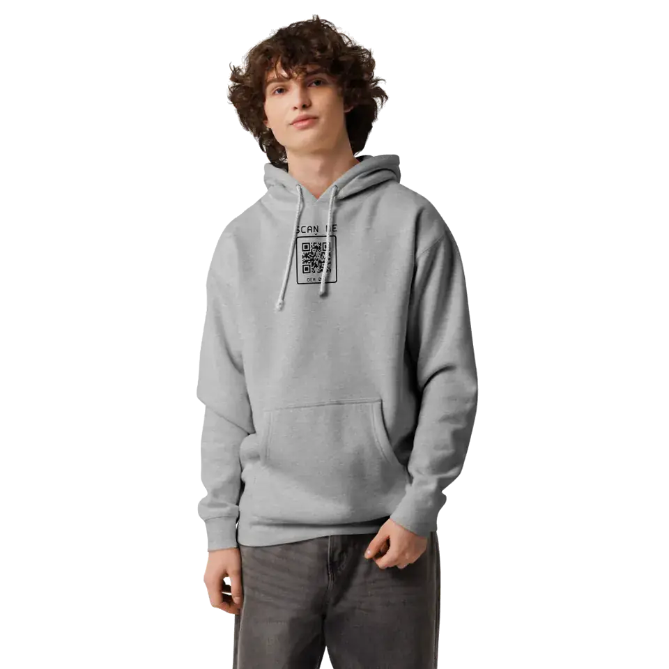A man wearing the Grey Heather Heavyweight Hoodie, front view. Our print partner’s mockup with our print file.