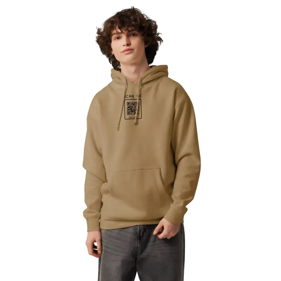 A man wearing the Sandstone Heavyweight Hoodie, front view. Our print partner’s mockup with our print file.