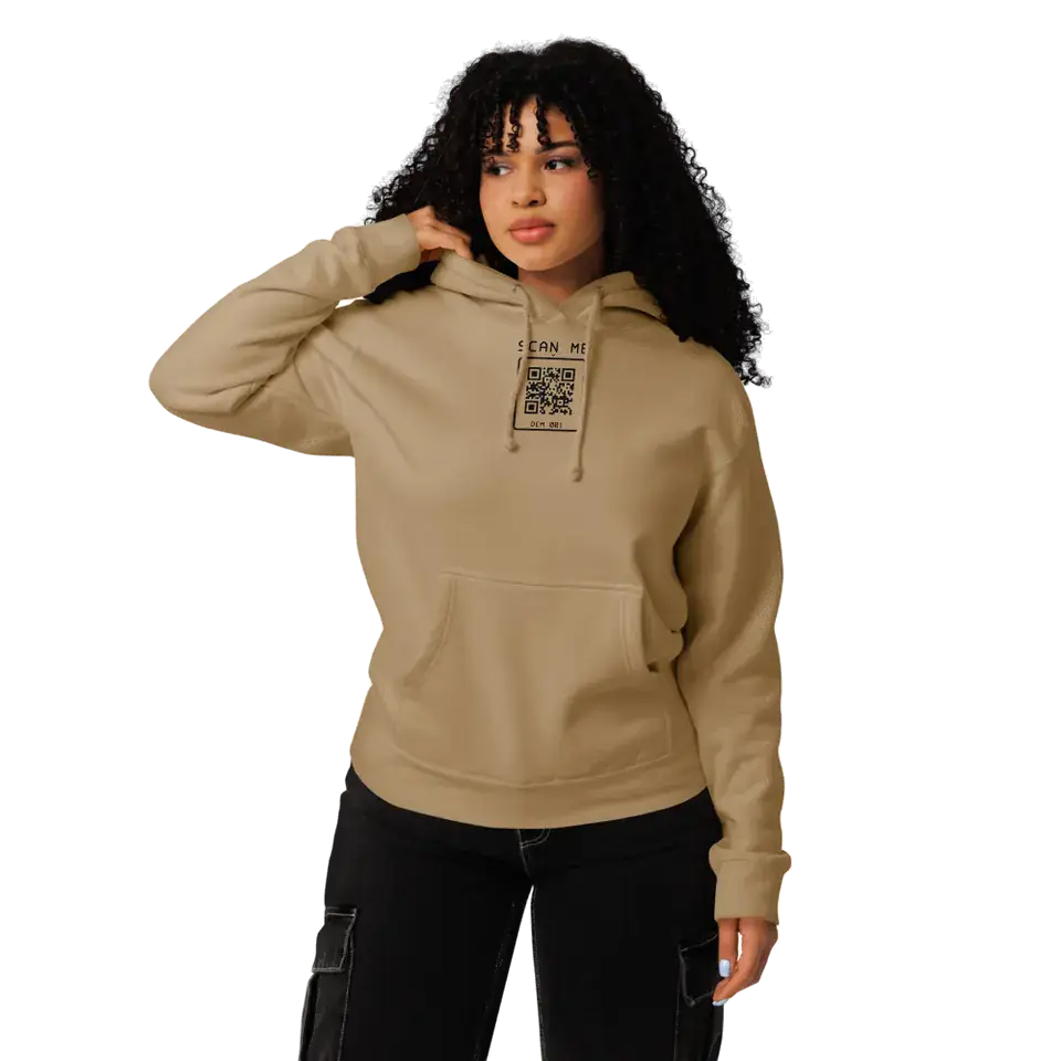 A woman wearing the Sandstone Heavyweight Hoodie, front view. Our print partner’s mockup with our print file.
